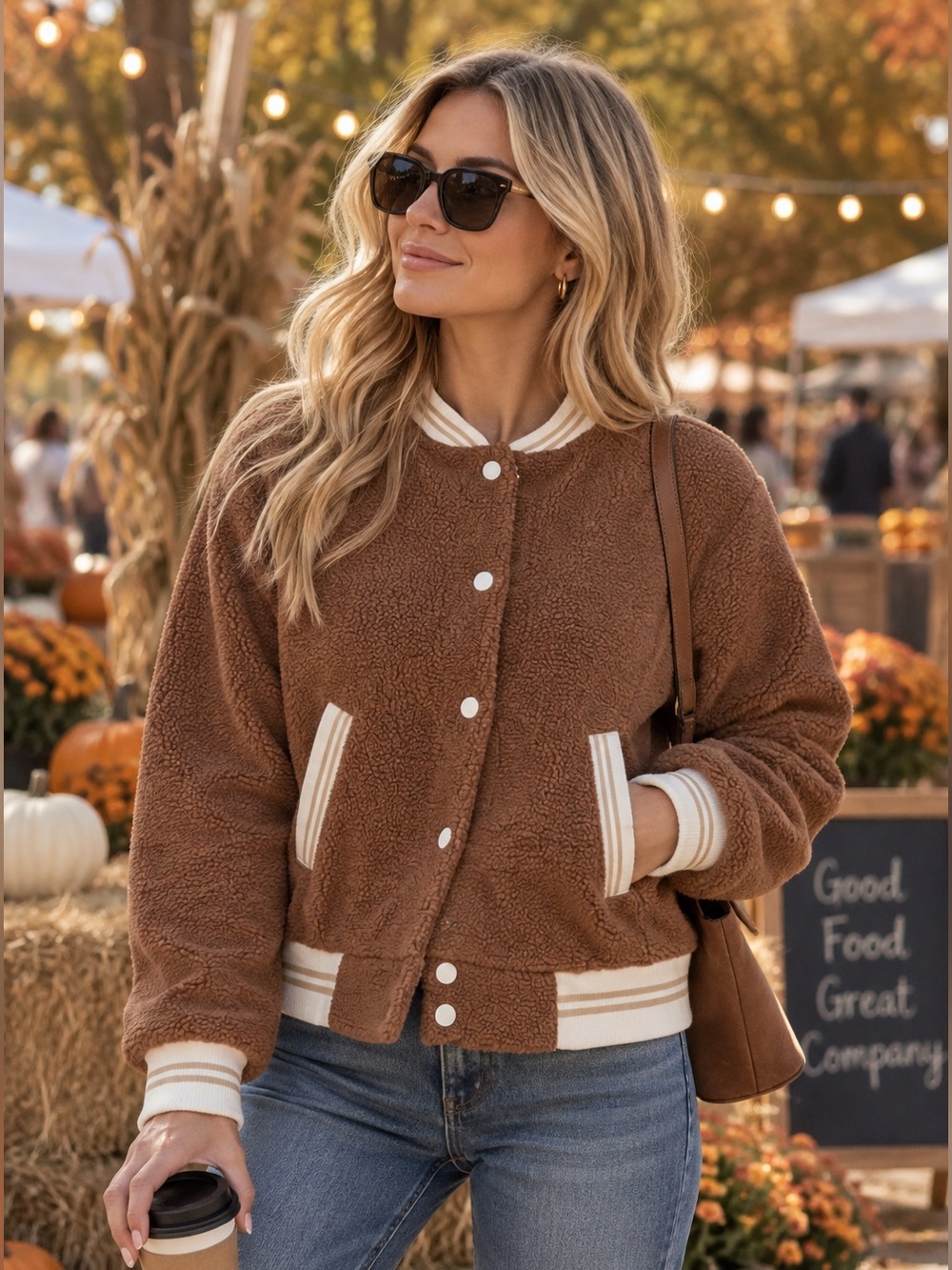 🔹 Baevely Brown Teddy Sherpa Varsity Bomber Jacket – Size M